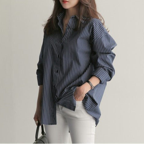 Women's Casual Bottoming Plus Size Loose Striped Shirt