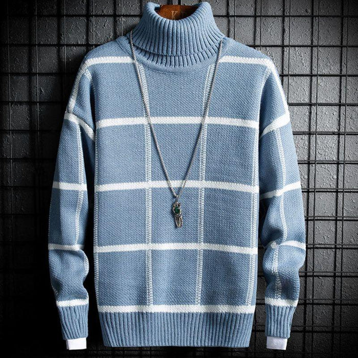 Korean Winter New Boys Sweater Fashion High Neck Bottoming Shirt Loose Casual Plaid Warm Sweater