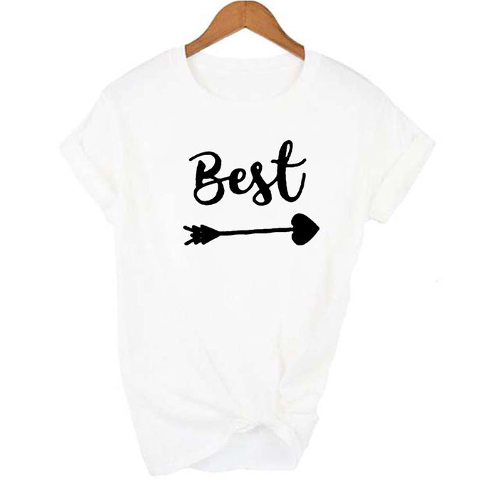 Good Friend Girlfriends Letter Print White Round Neck Short Sleeve Loose Women's T-shirt