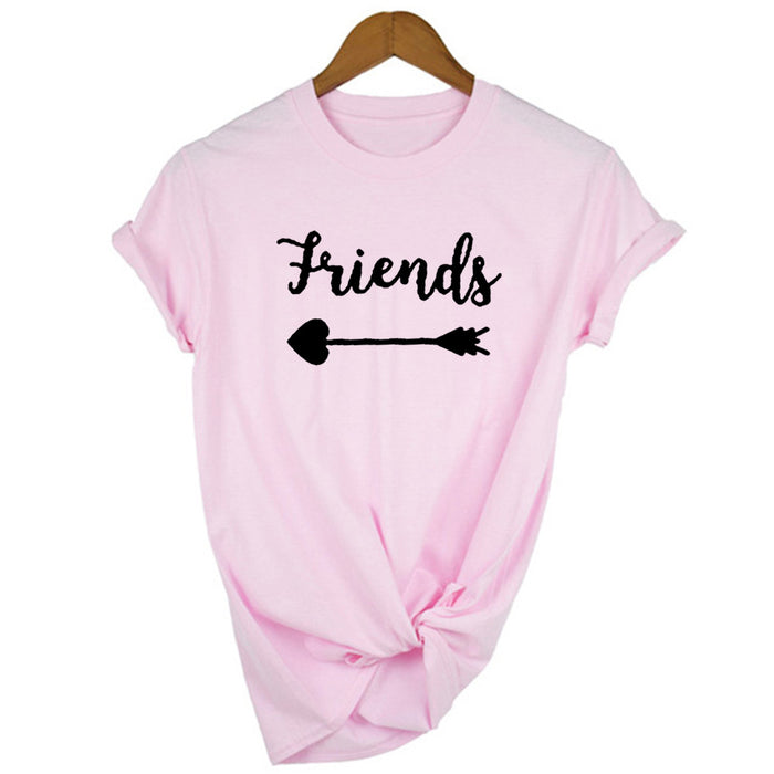 Good Friend Girlfriends Letter Print White Round Neck Short Sleeve Loose Women's T-shirt