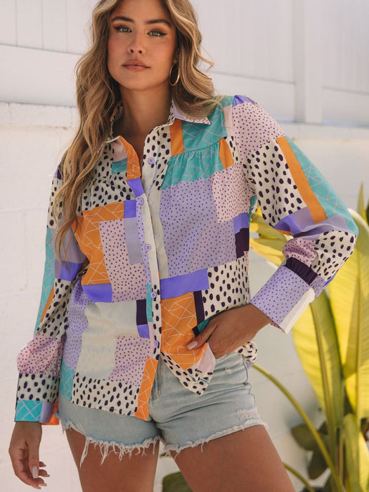 Women's Clothing Polychromatic Mixture Printed Front Button Cuffed Sleeve Shirt