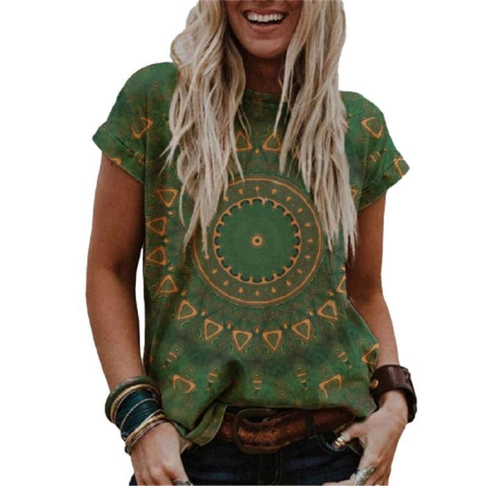 Internet Hot Women's Fashion Clothing Short Sleeve Casual Round Neck Vintage Printed T-shirt