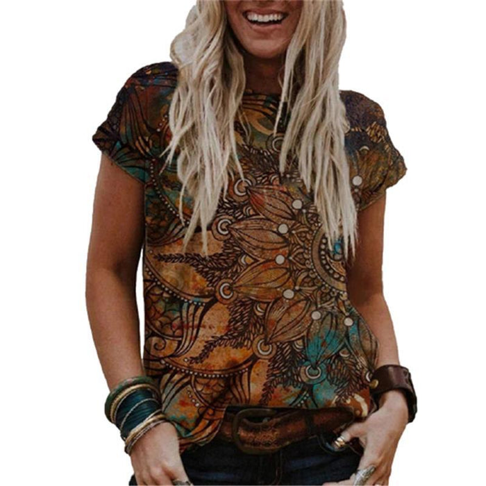 Internet Hot Women's Fashion Clothing Short Sleeve Casual Round Neck Vintage Printed T-shirt