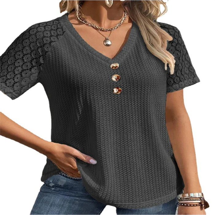 Waffle Casual Solid Color And V-neck Button Women's Pullover Lace