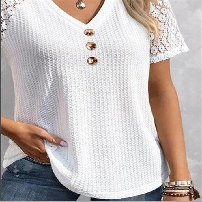 Waffle Casual Solid Color And V-neck Button Women's Pullover Lace