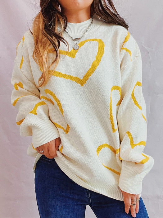 Love Pattern Sweater Round Neck Long Sleeve