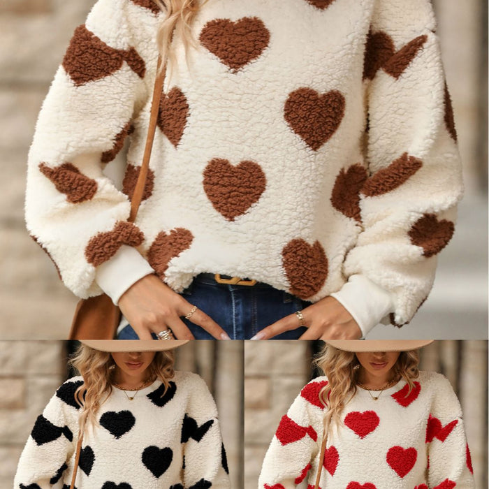 Female Plush Loving Heart Printed Loose Long Sleeves Crew Neck Pullover Sweatshirt