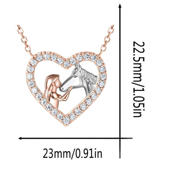 Fashion Heart-shaped Full Diamond Girl And Horse Necklace Fashion Color Separation Pendant