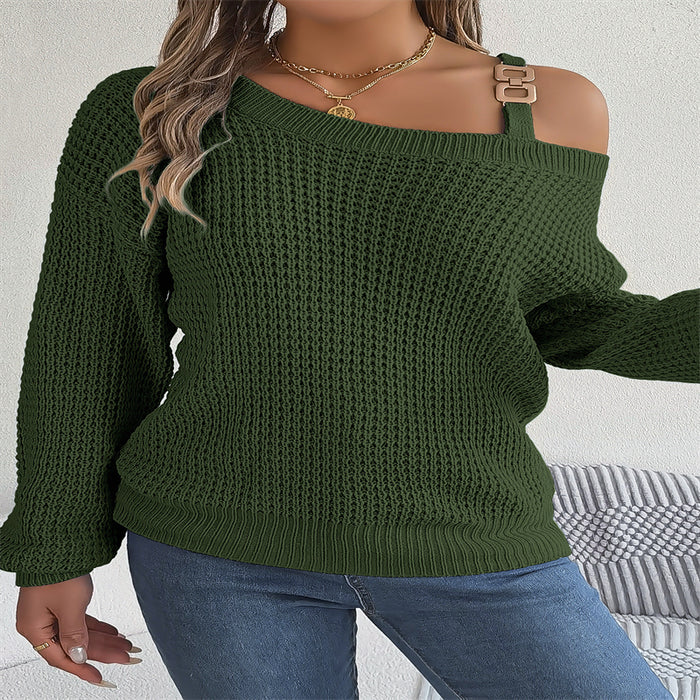 Casual Metal Buckle Patchwork Cold-shoulder Lantern Sleeve Pullover Sweater