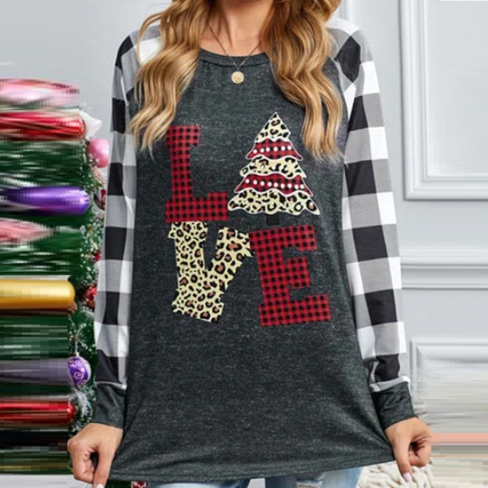 Christmas Printed Checkered V-neck Long-sleeved T-shirt Stitching