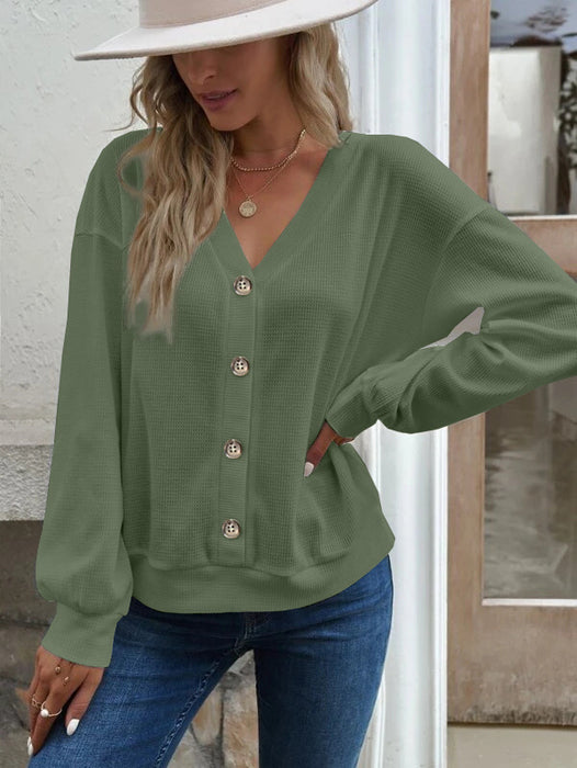 Solid Color Buttons V-neck Loose Long-sleeved T-shirt