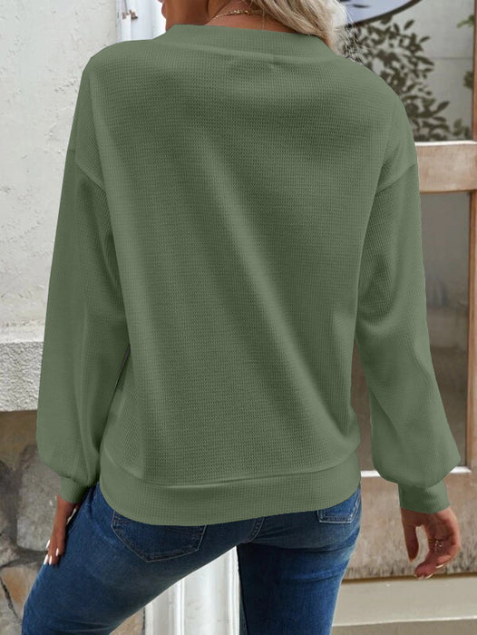 Solid Color Buttons V-neck Loose Long-sleeved T-shirt