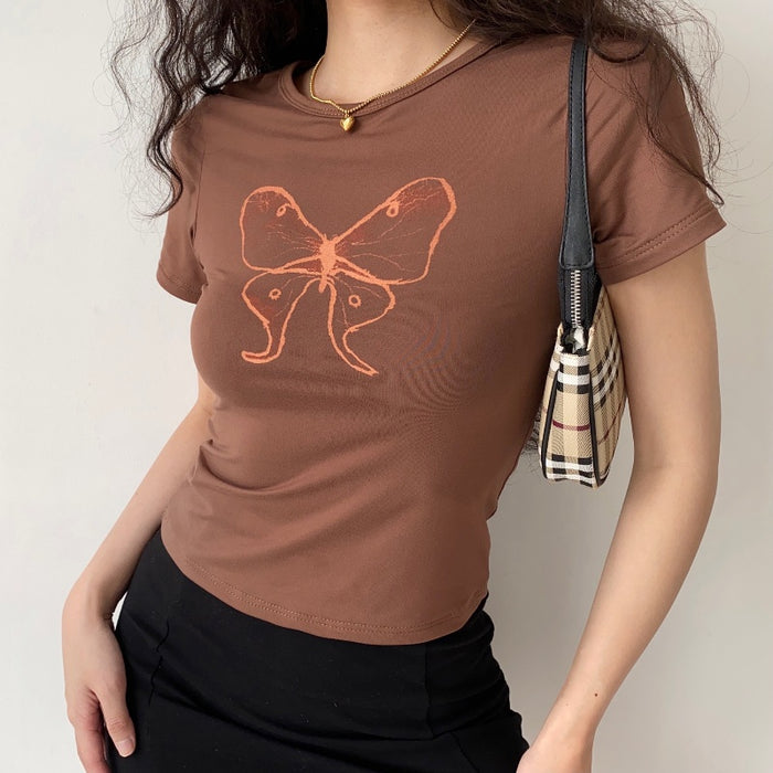 American Retro Butterfly Print Brown Short Sleeves T-shirt Women's Summer Slim Fit