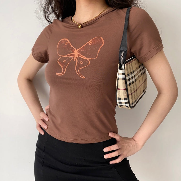 American Retro Butterfly Print Brown Short Sleeves T-shirt Women's Summer Slim Fit