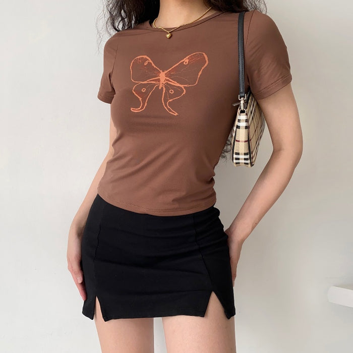 American Retro Butterfly Print Brown Short Sleeves T-shirt Women's Summer Slim Fit