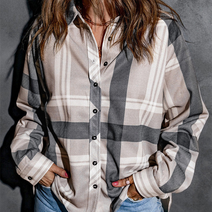 Female Autumn And Winter Check Lapel Long Sleeve Shirt