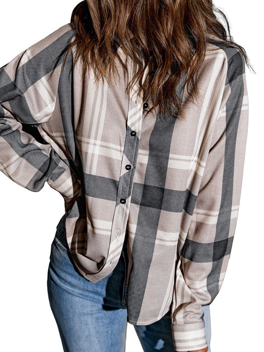 Female Autumn And Winter Check Lapel Long Sleeve Shirt