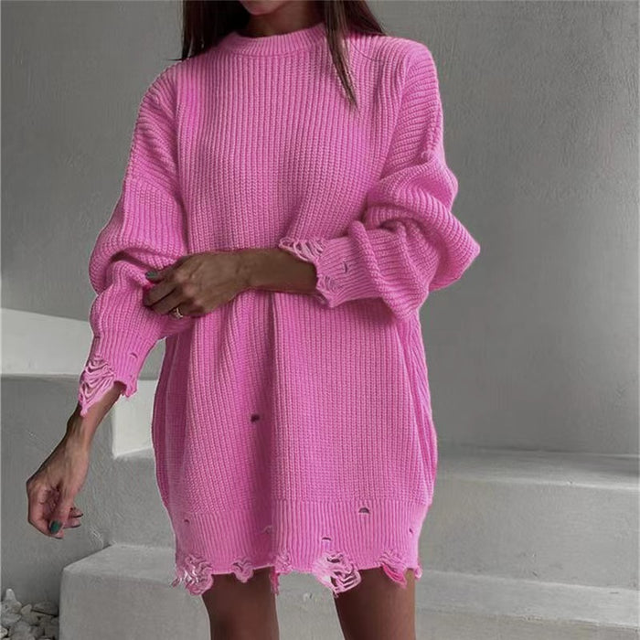 Solid Color Round Neck Long Sleeve Burrs Loose Knitted Pullover