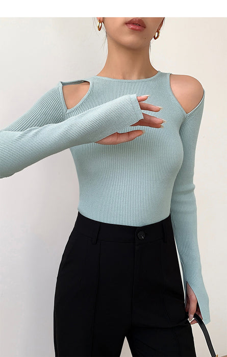 Black Strapless Long Sleeve Bottoming Shirt Women's Spring And Autumn Cut-out Bottoming Slim Fit Skinny Short Top