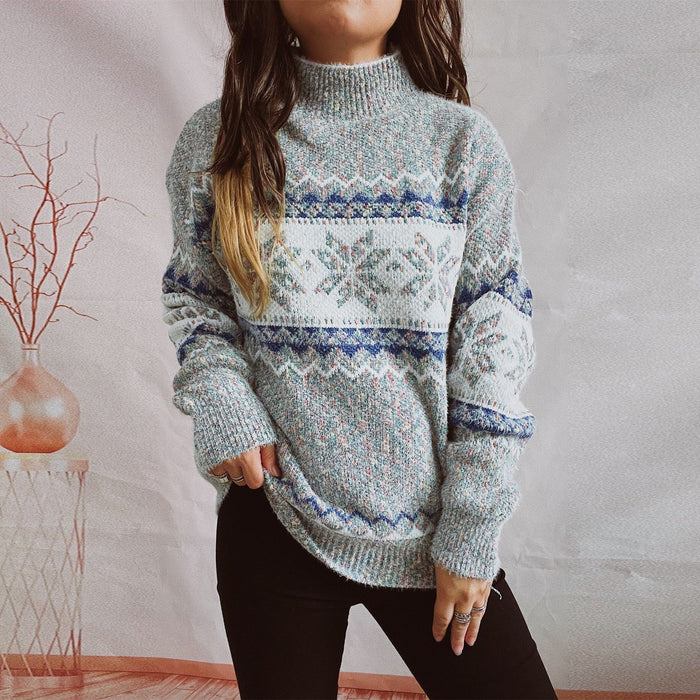 Chenille Thickened Snowflake Pattern Half-high Collar Long Sleeves Knitted Sweater