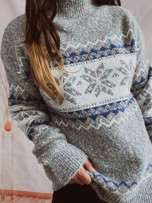 Chenille Thickened Snowflake Pattern Half-high Collar Long Sleeves Knitted Sweater