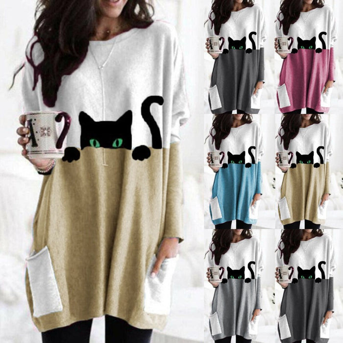 Women's Black Cat Print Round Neck Contrast Color Patchwork Pocket Long Sleeve T-shirt