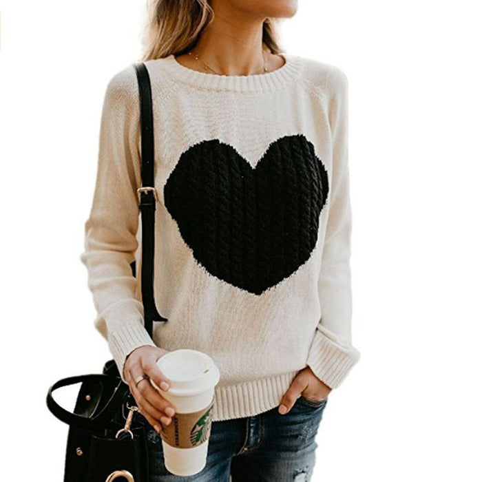 Herbst Winter Frauen Pullover Herz Muster Gedruckt Langarm Tops Oansatz Schöne Pullover Gestrickte Lose Pullover Tops