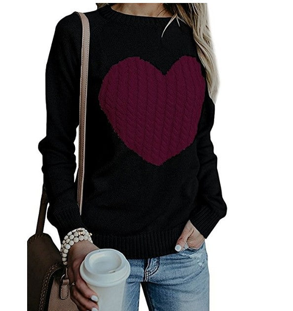 Herbst Winter Frauen Pullover Herz Muster Gedruckt Langarm Tops Oansatz Schöne Pullover Gestrickte Lose Pullover Tops