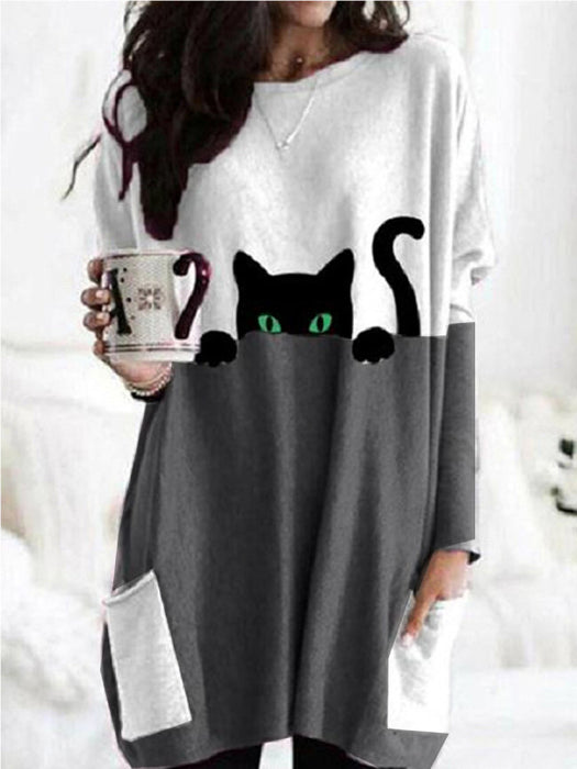 Women's Black Cat Print Round Neck Contrast Color Patchwork Pocket Long Sleeve T-shirt