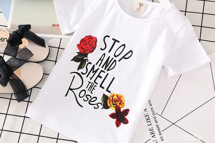 Kinderkleidung, weißes T-Shirt, Jeansrock, 2-teilige Mädchenanzüge