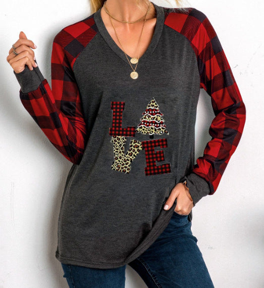 Christmas Printed Checkered V-neck Long-sleeved T-shirt Stitching