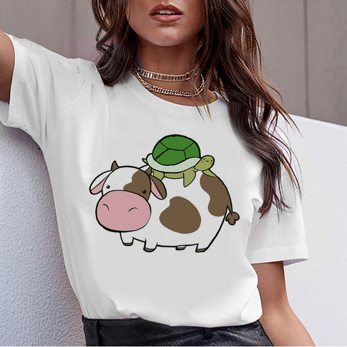 T-shirt Animal Cute Pattern Round Neck White Short-sleeve Top