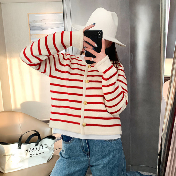 Women's Autumn And Winter New Round Neck Striped Knitted Cardigan Short Coat