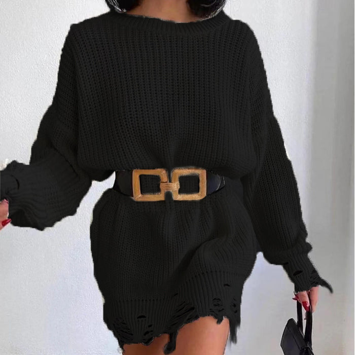 Solid Color Round Neck Long Sleeve Burrs Loose Knitted Pullover