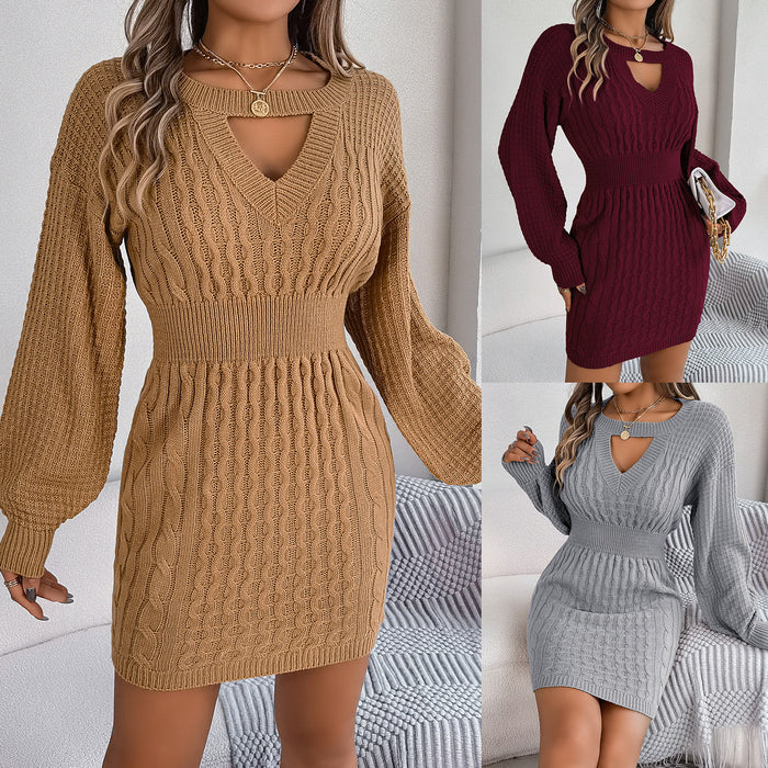 Solid Color Twist Hollow-out Lantern Sleeve Package Hip Sweater Dress