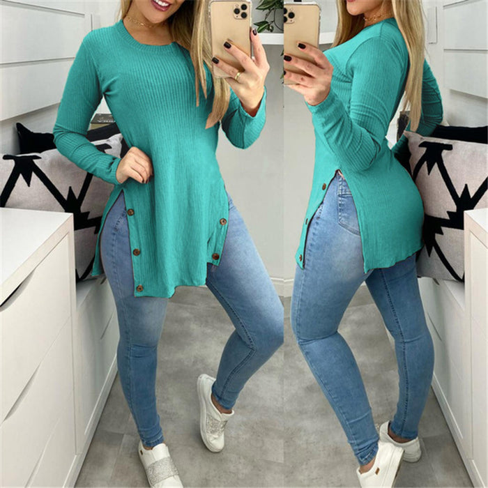 Women's Solid Color Round Neck Loose Sunken Stripe Slit Long-sleeved T-shirt