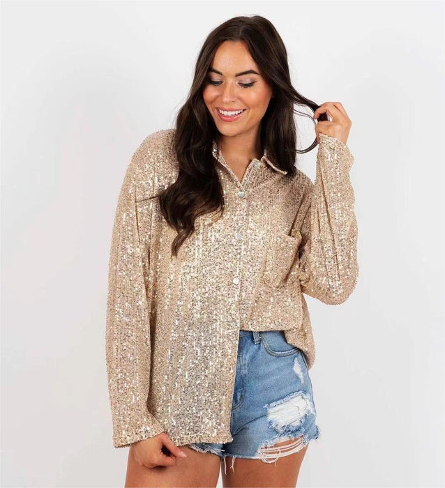 Shang Sequined Long Sleeve Lapel Temperament Leisure Shirt