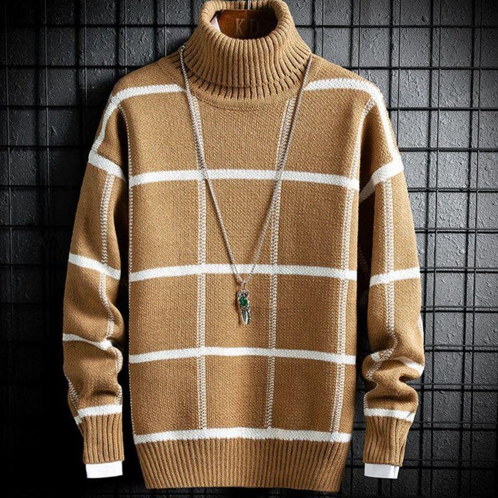 Korean Winter New Boys Sweater Fashion High Neck Bottoming Shirt Loose Casual Plaid Warm Sweater