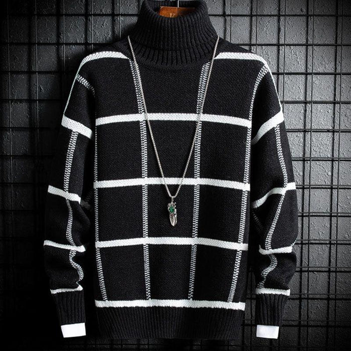 Korean Winter New Boys Sweater Fashion High Neck Bottoming Shirt Loose Casual Plaid Warm Sweater