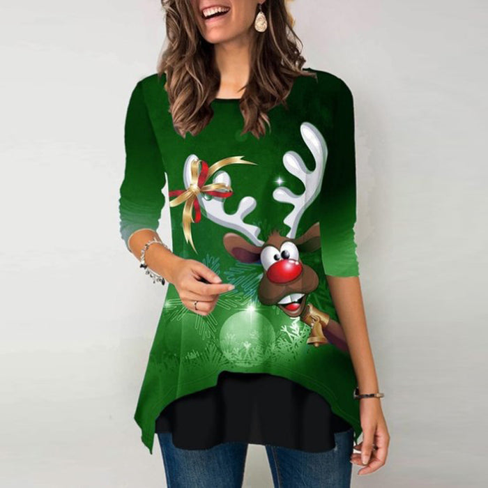 Loose Oversized Long Sleeves Elk Christmas Printed T-shirt