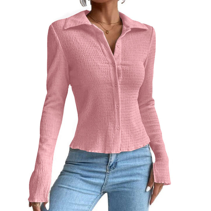 Women's Solid Color Stitching Split Sleeve Cardigan Button Top Lapel T-shirt