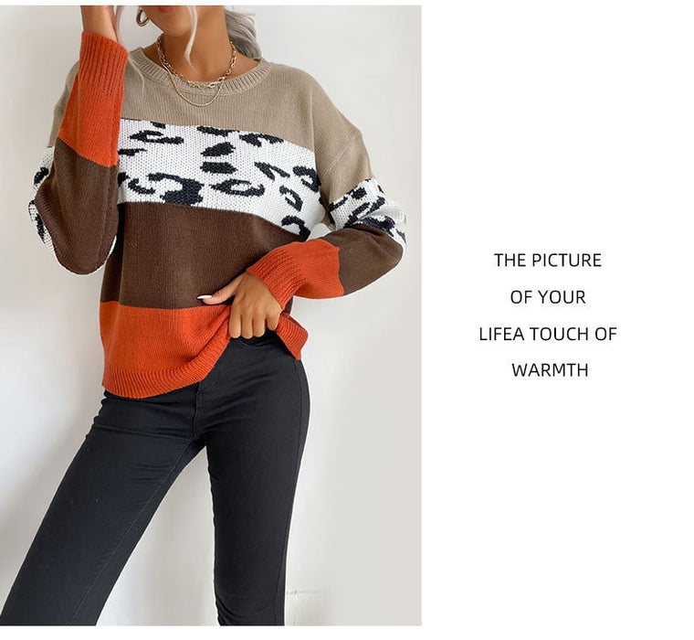 Autumn And Winter Leisure Top Leopard Print Color Matching Long Sleeve Pullover Sweater