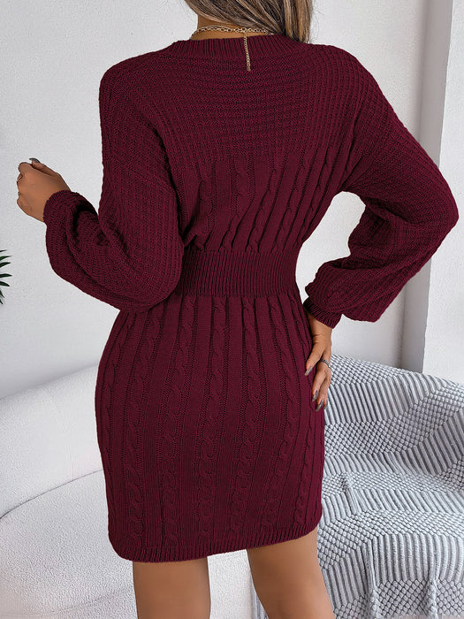 Solid Color Twist Hollow-out Lantern Sleeve Package Hip Sweater Dress