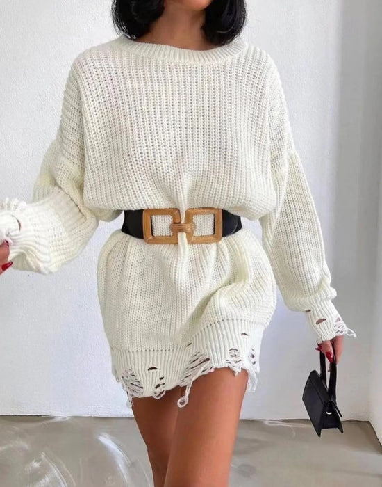 Solid Color Round Neck Long Sleeve Burrs Loose Knitted Pullover