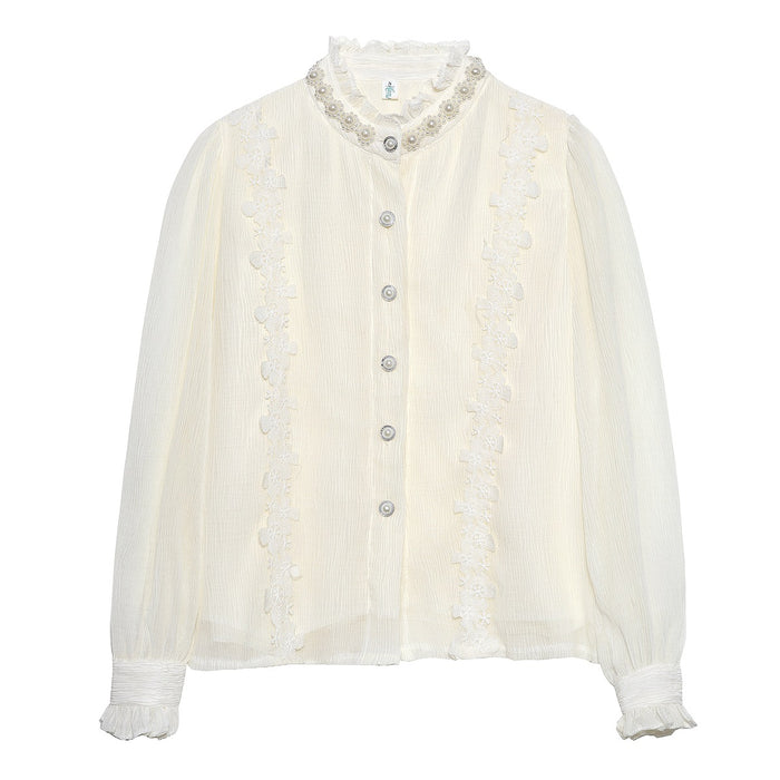 Niche Pearl Stringy Selvedge Stand-up Collar Lace Pleated Long Sleeve Shirt