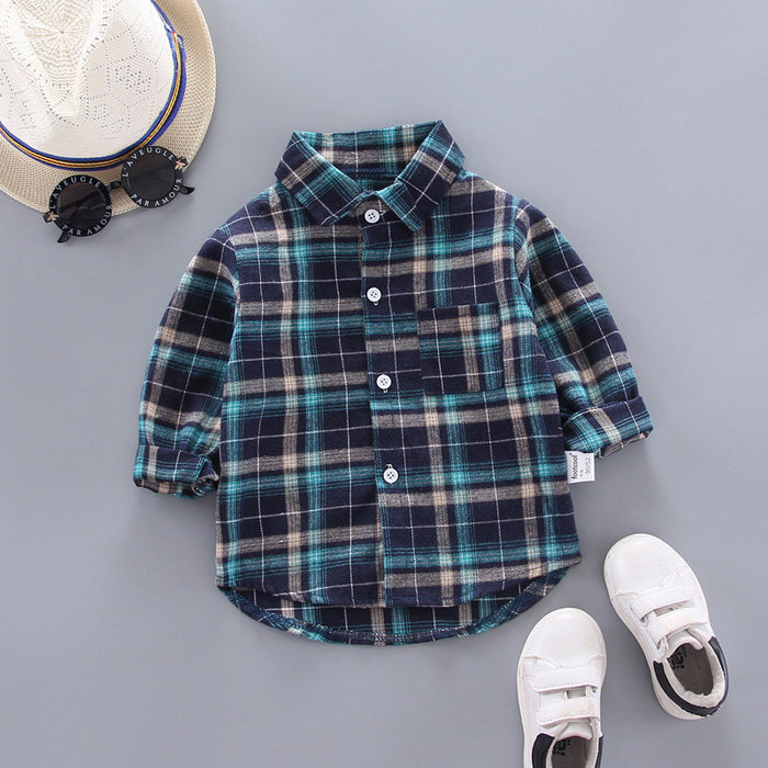 Boys And Girls Plaid Shirts Korean Style Loose Lapel Long Sleeves