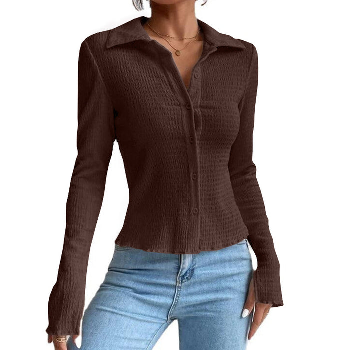 Women's Solid Color Stitching Split Sleeve Cardigan Button Top Lapel T-shirt