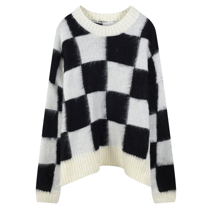 Black and white check plush loose top Korean chic pullover sweater