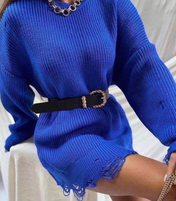 Solid Color Round Neck Long Sleeve Burrs Loose Knitted Pullover