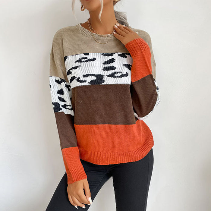 Autumn And Winter Leisure Top Leopard Print Color Matching Long Sleeve Pullover Sweater